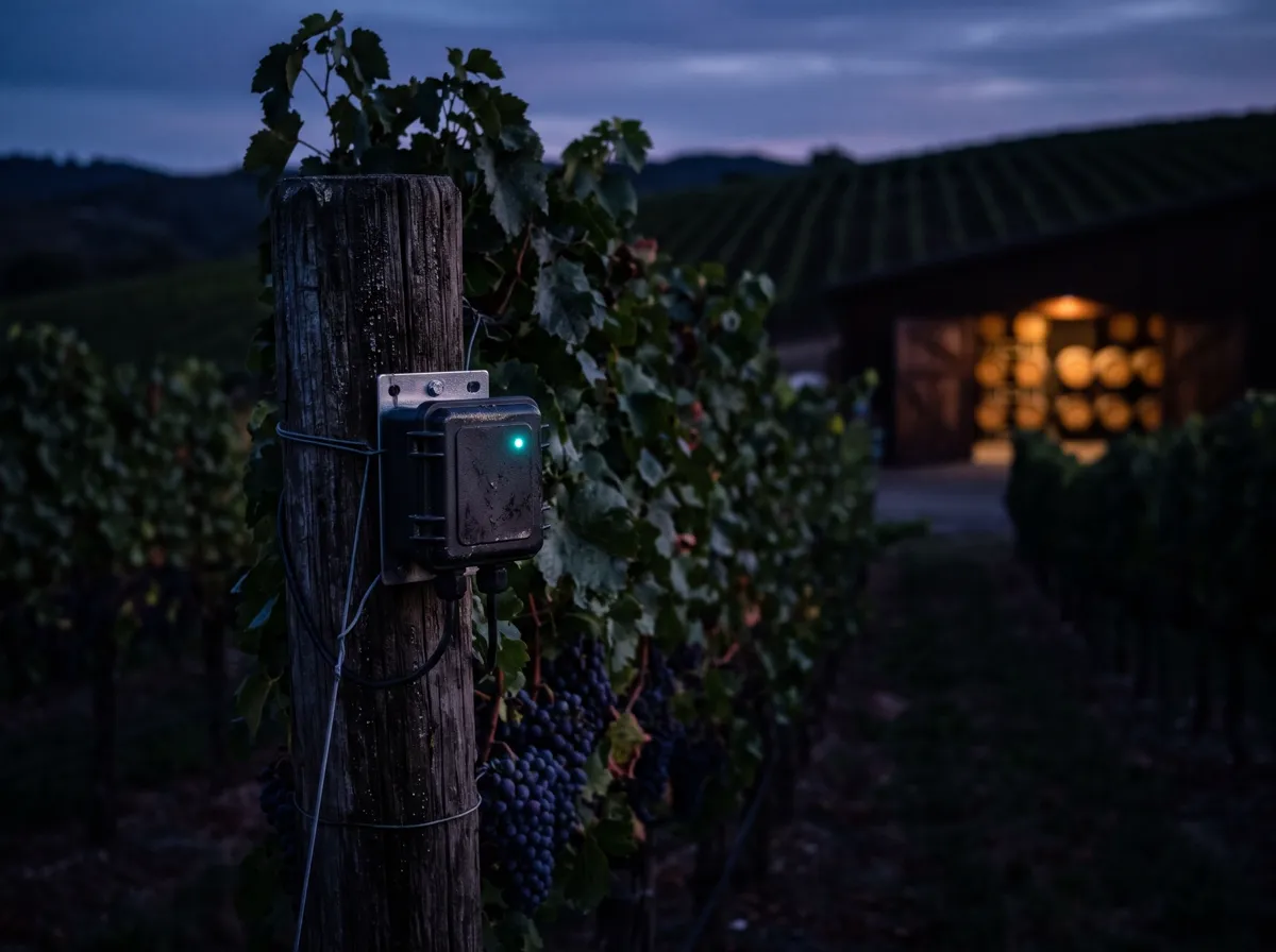 Sensor IoT en un poste de viñedo al anochecer, con una bodega iluminada al fondo