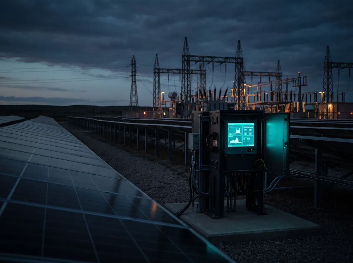 Planta solar con un armario de medida inteligente iluminado en turquesa